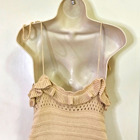 Papermoon Beige Knit V-Neckline Sleeveless Ruffle Boho Mini Dress,Medium - Picture 12 of 16